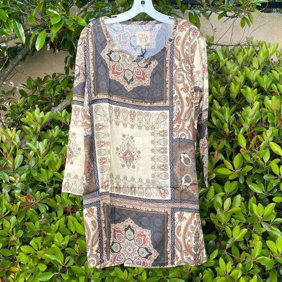 Chaser Women's Brown/Black/Cream Scarf Pattern Silk Like Sheath Dress. Small NWT - Picture 2 of 5